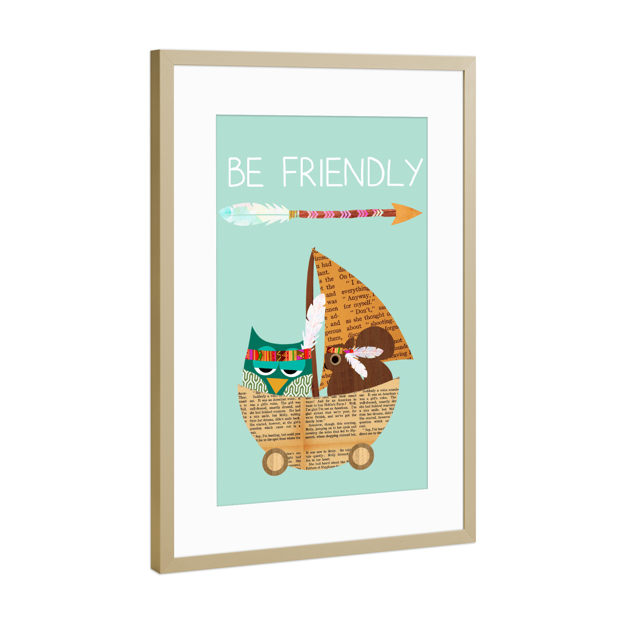 Poster mit Rahmen Gold "Be friendly Indianer Eule" artboxONE - Für Kinder