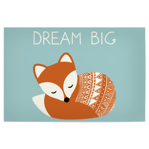Poster "Dream Big Fuchs" artboxONE - Für Kinder - Dream big fuchs,Schlafend,Süß,Vintage,Retro,Geschenk,Baby,Kinderzimmer,Geburt,Blau