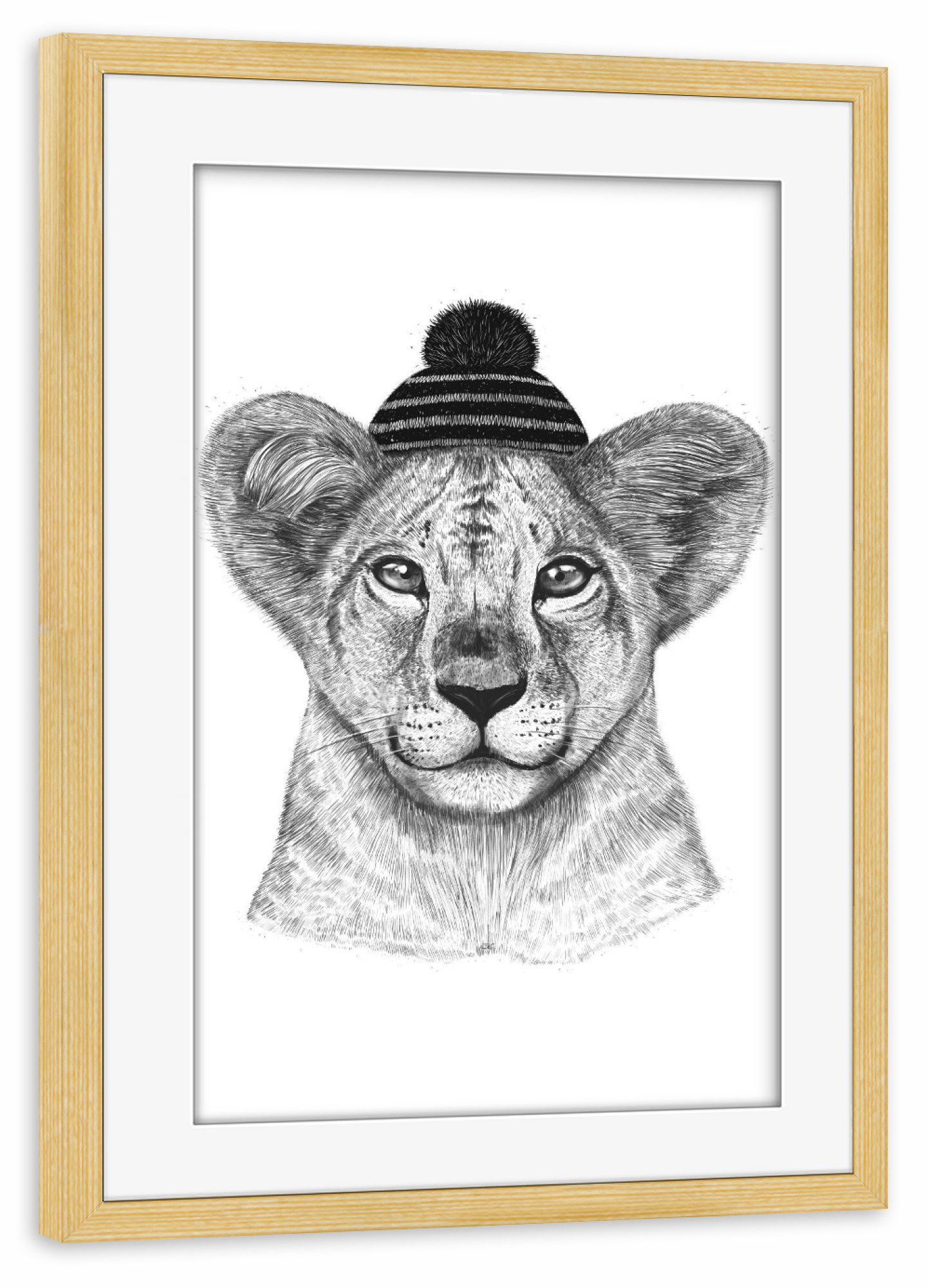 Poster mit Rahmen kiefer "Kid lion in winter hat" artboxONE - Tiere,Schwarzweiß,Weihnachten,Lustig