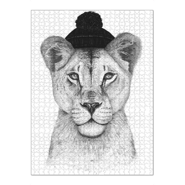 Puzzle Ravensburger "Lioness in hat" artboxONE - Tiere,Schwarzweiß,Lustig