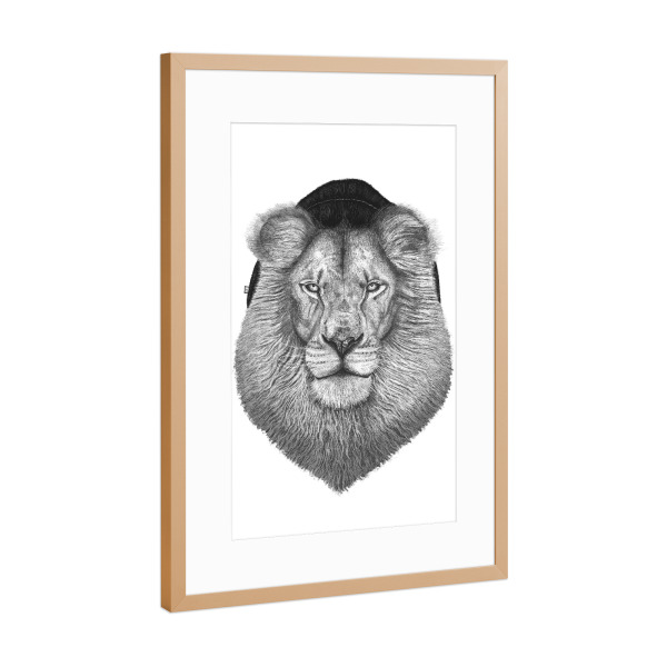 Poster mit Rahmen Kupfer "Lion in hat" artboxONE - Tiere,Schwarzweiß,Lustig