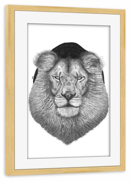 Poster mit Rahmen kiefer "Lion in hat" artboxONE - Tiere,Schwarzweiß,Lustig
