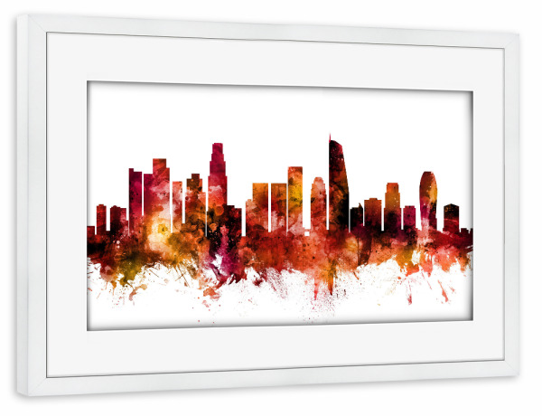 Poster mit Rahmen weiß "Los Angeles California Skyline red" artboxONE - Städte / Los Angeles