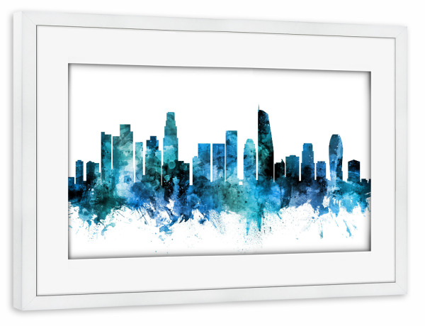 Poster mit Rahmen weiß "Los Angeles CA Skyline blue" artboxONE - Städte / Los Angeles