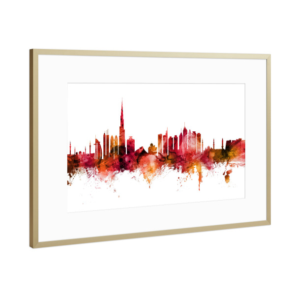 Poster mit Rahmen Gold "Dubai Skyline red" artboxONE - Städte / Dubai