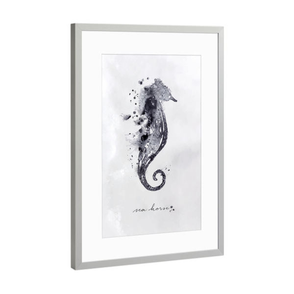 Poster mit Rahmen Silber "Monotype seahorse black" artboxONE - Natur,Tiere,Schwarzweiß
