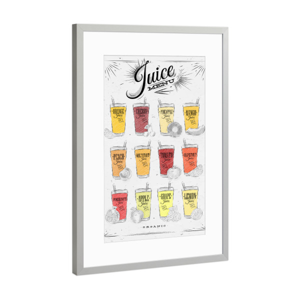 Poster mit Rahmen Silber "Juice menu" artboxONE - Typografie,Essen & Trinken