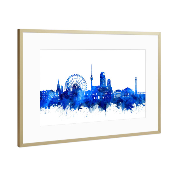 Poster mit Rahmen Gold "Stuttgart city skyline blue" artboxONE - Städte,Reise,Städte / Stuttgart