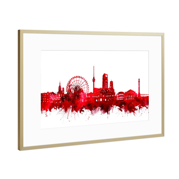 Poster mit Rahmen Gold "Stuttgart city skyline red" artboxONE - Städte,Reise,Städte / Stuttgart