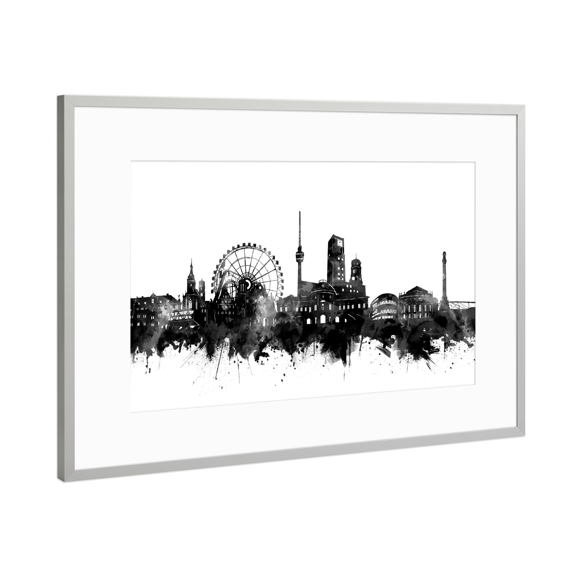 Poster mit Rahmen Silber "Stuttgart skyline black and white" artboxONE - Städte,Reise,Schwarzweiß,Städte / Stuttgart