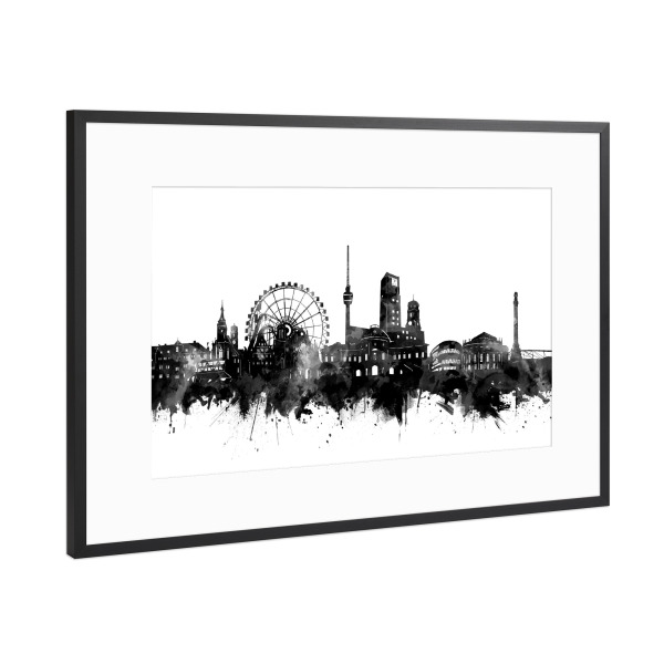 Poster mit Rahmen Schwarz (Metallic) "Stuttgart skyline black and white" artboxONE - Städte,Reise,Schwarzweiß,Städte / Stuttgart