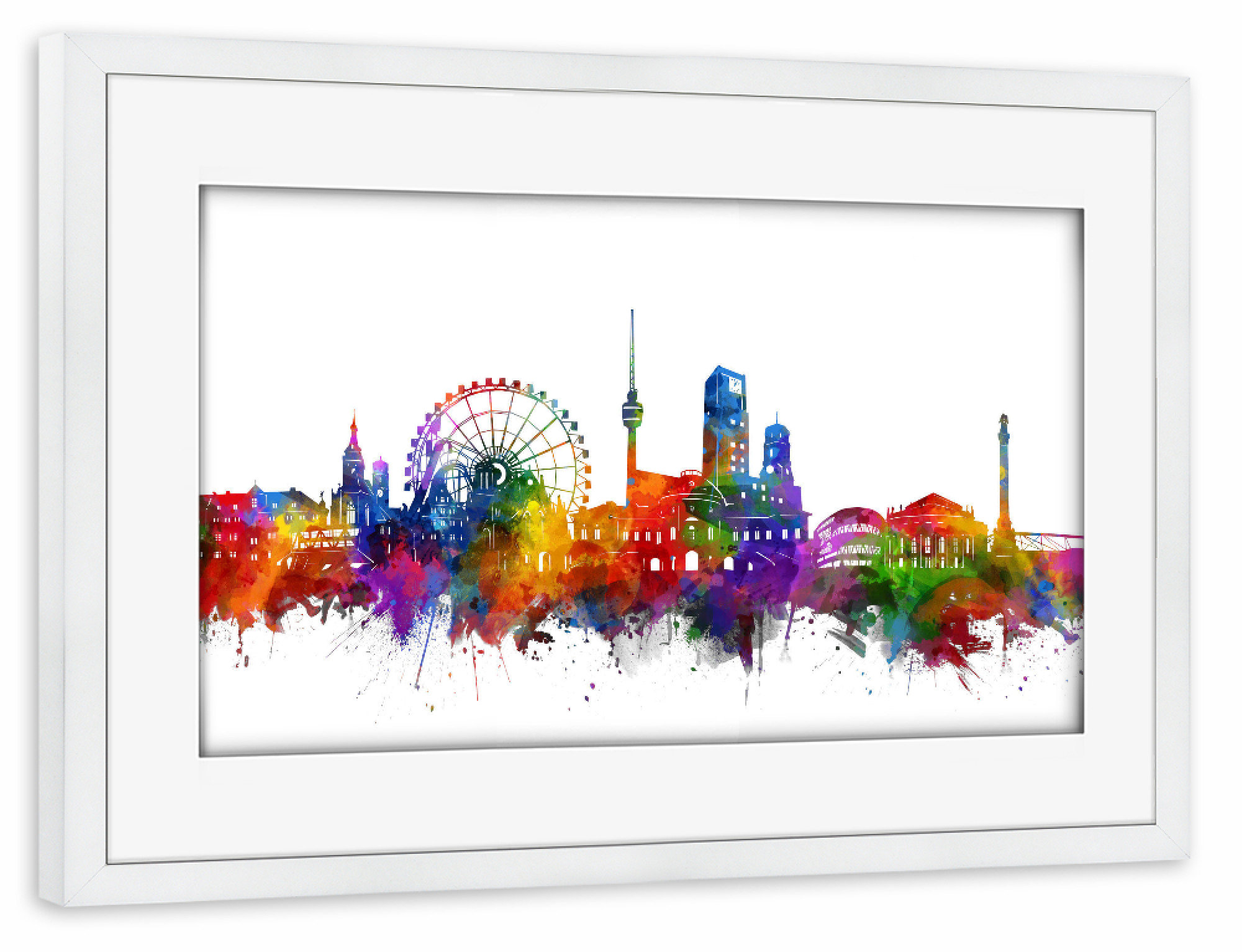 Poster mit Rahmen weiß "Stuttgart city skyline watercolor" artboxONE - Städte,Reise,Städte / Stuttgart - Stuttgart,Germany,Skyline