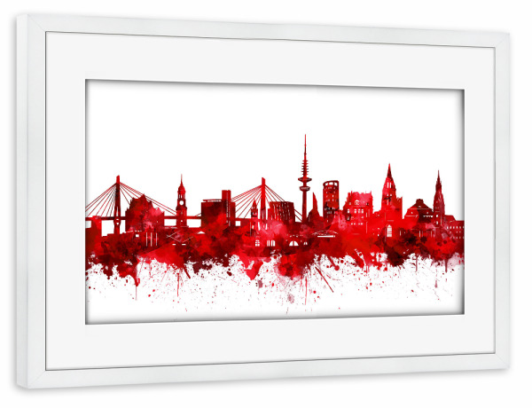 Poster mit Rahmen weiß "Hamburg city skyline red" artboxONE - Städte / Hamburg