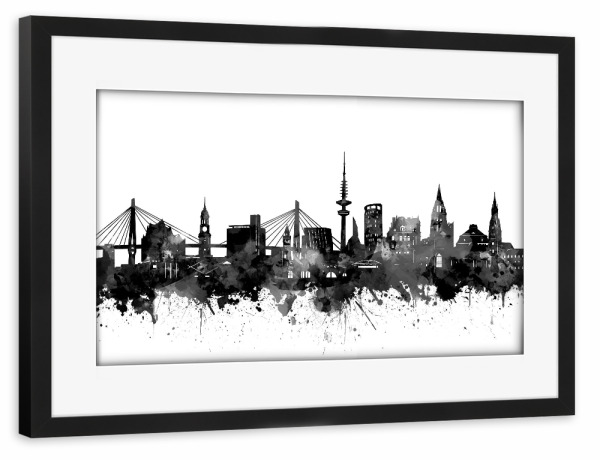 Poster mit Rahmen schwarz "Hamburg skyline black and white" artboxONE - Städte / Hamburg,Reise,Schwarzweiß