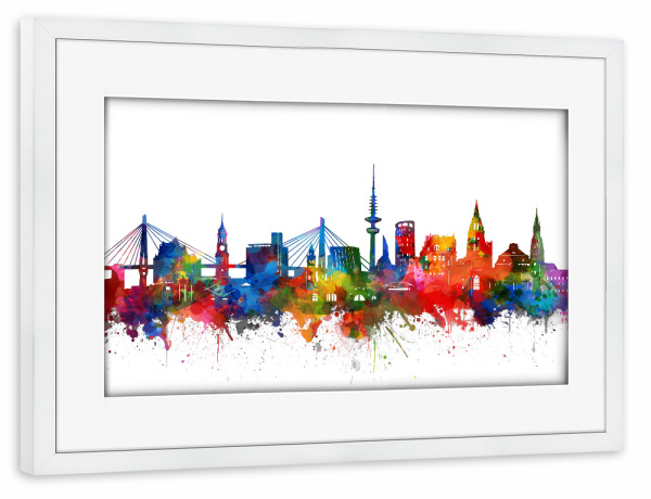 Poster mit Rahmen weiß "Hamburg city skyline watercolor" artboxONE - Städte / Hamburg,Reise