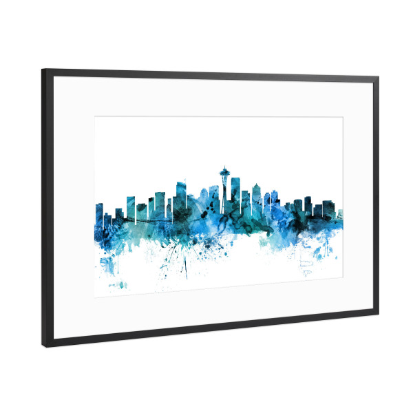 Poster mit Rahmen Schwarz (Metallic) "Seattle Washington Skyline blue" artboxONE - Städte,Reise,Städte / Weitere