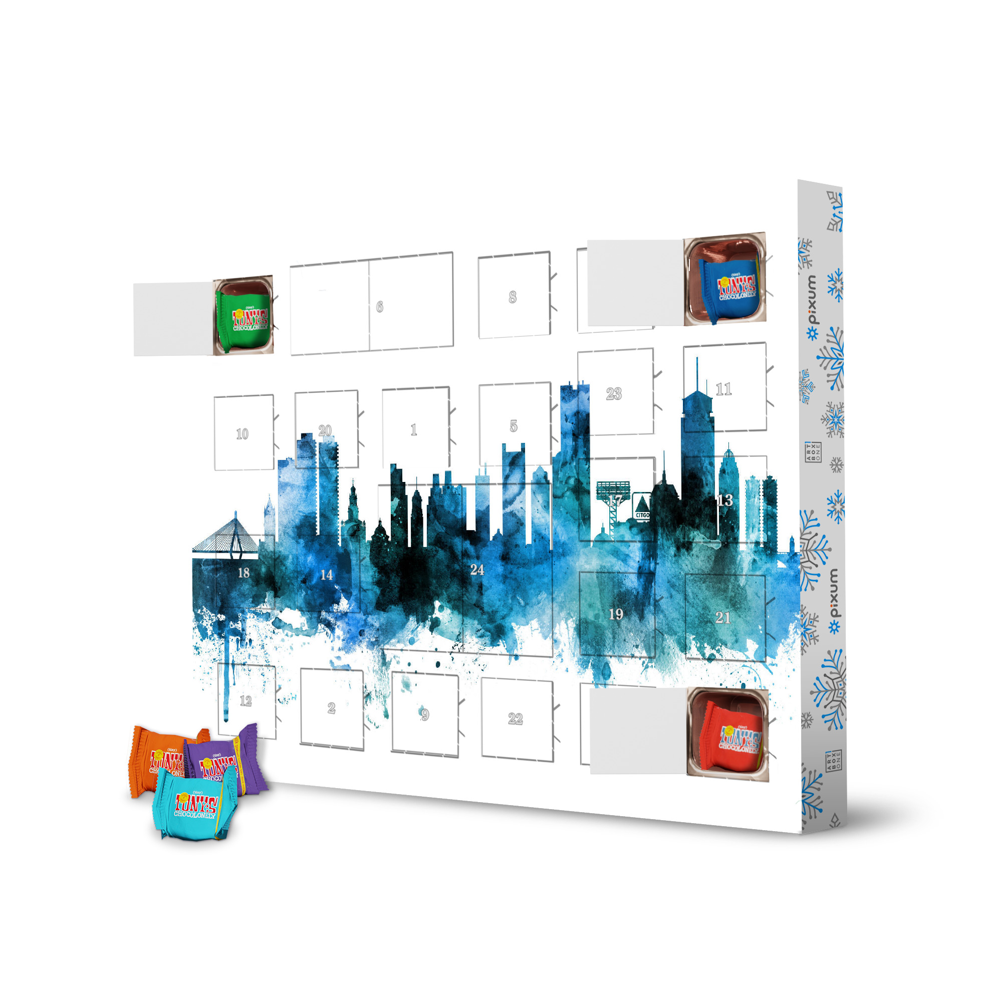 Adventskalender mit Tony's Chocolonely Boston Massachusetts Skyline blue artboxONE Adventskalender Reise