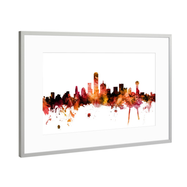 Poster mit Rahmen Silber "Dallas Texas Skyline red" artboxONE - Städte,Reise,Städte / Weitere