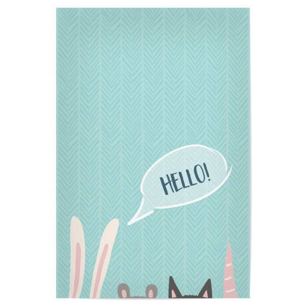 Poster "Hello 3" artboxONE - Für Kinder,Tiere - Animal,Bunny,Unicorn,Einhorn,Kaninchen,Teddy,Katze,Cat,Animalparade,Children,Teal,Kinderzimmer,Kinder