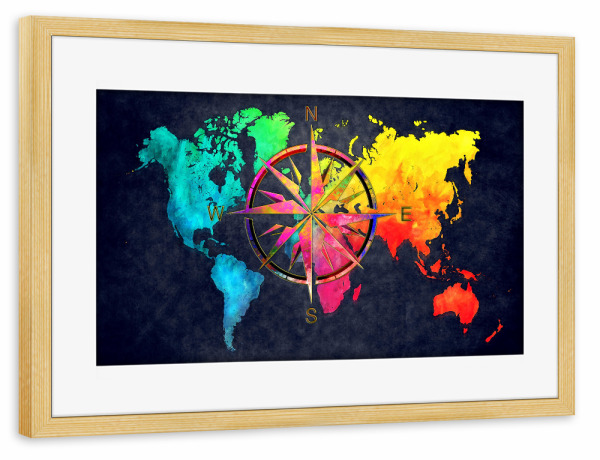 Poster mit Rahmen kiefer "World map wind rose 5 color" artboxONE - Reise,Kartografie