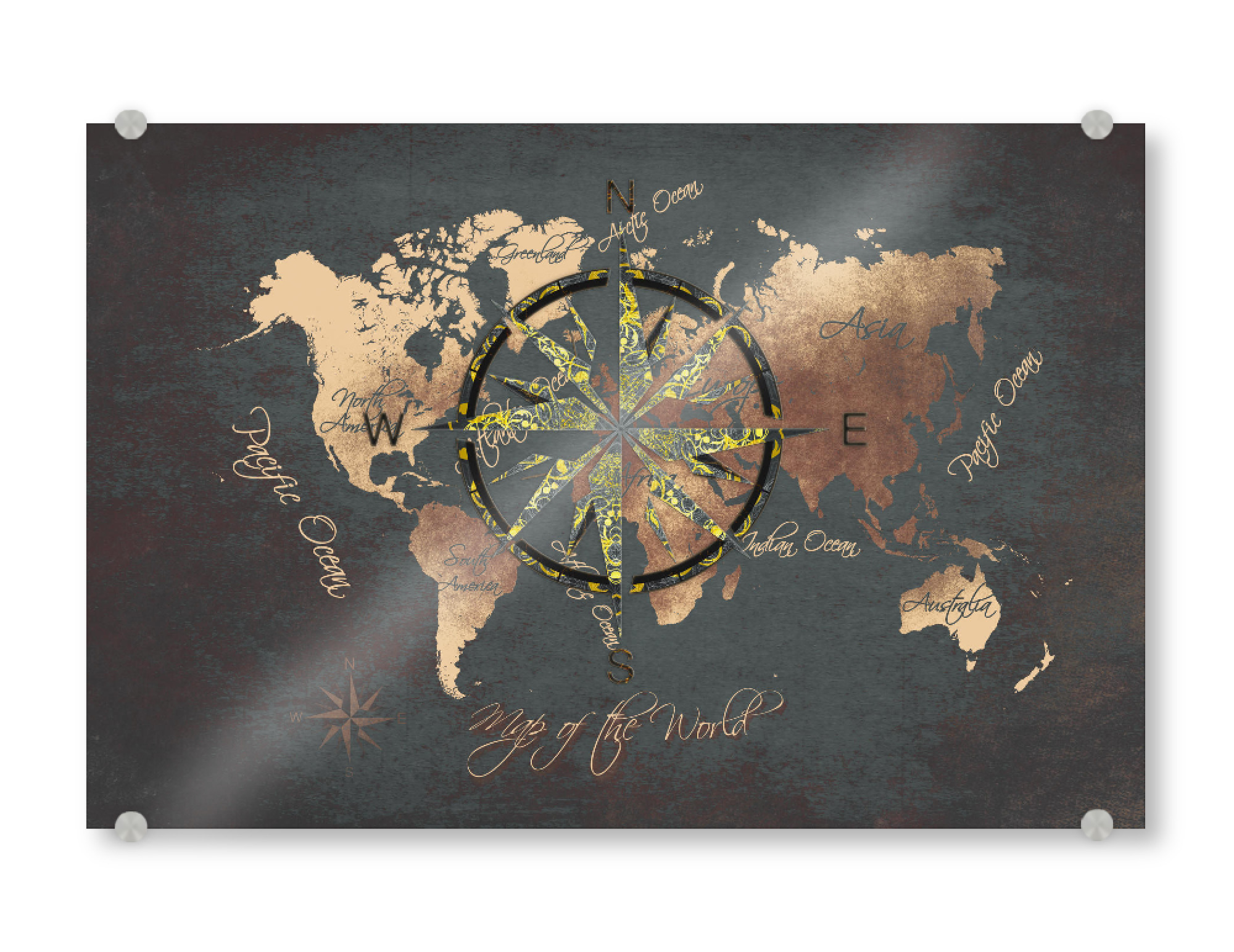 Acrylglasbild "World map wind rose 4 brown" artboxONE - Reise,Kartografie