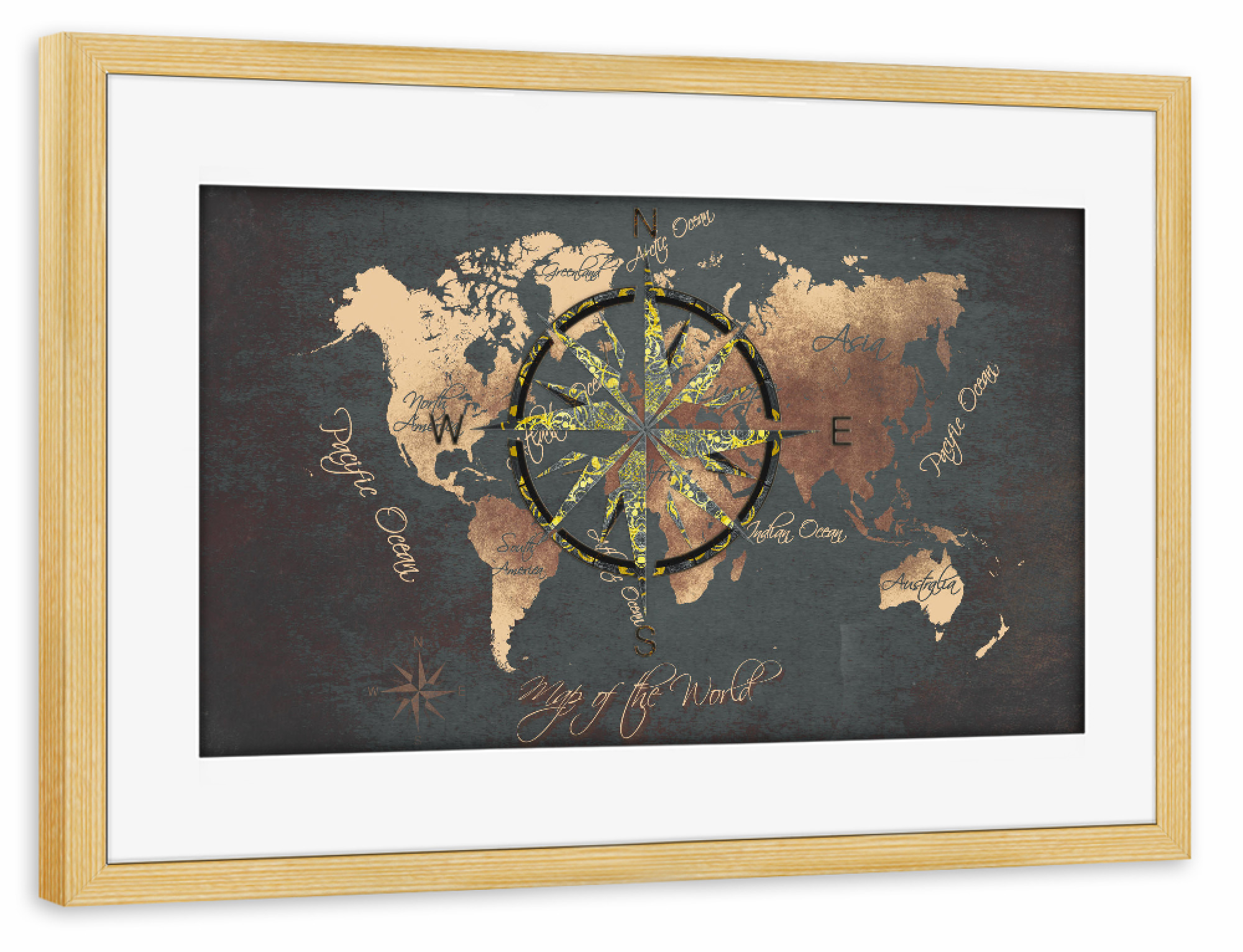 Poster mit Rahmen kiefer "World map wind rose 4 brown" artboxONE - Reise,Kartografie