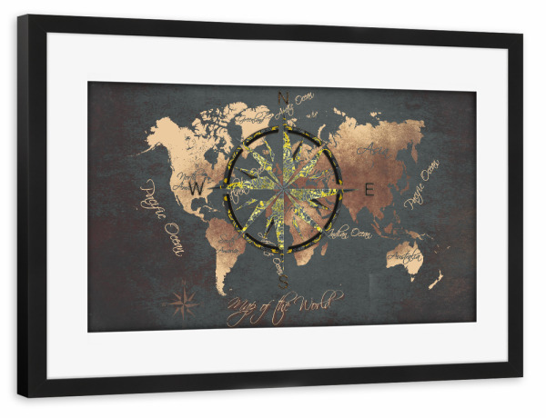 Poster mit Rahmen schwarz "World map wind rose 4 brown" artboxONE - Reise,Kartografie