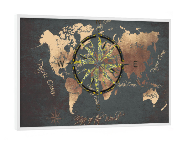 Poster mit weißem Rahmen "World map wind rose 4 brown" artboxONE - Reise,Kartografie