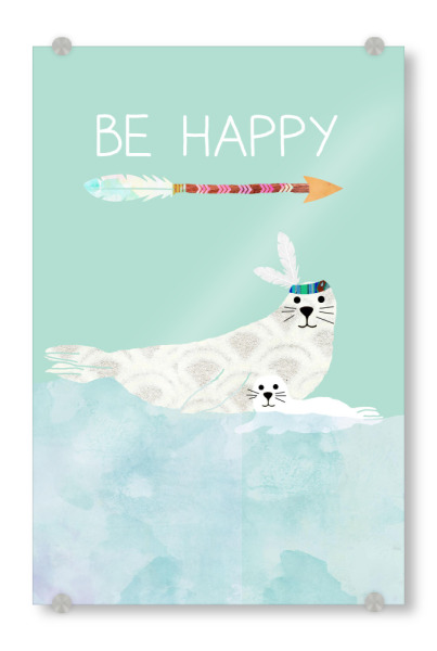 Acrylglasbild "Be Happy - Robbe mit Baby" artboxONE - Typografie,Für Kinder,Tiere,Schwarzweiß,Liebe,Unterwasser