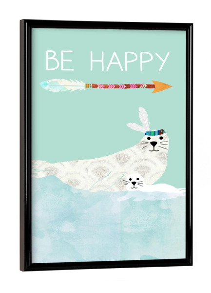 Poster mit schwarzem Rahmen "Be Happy - Robbe mit Baby" artboxONE - Typografie,Für Kinder,Tiere,Schwarzweiß,Liebe,Unterwasser