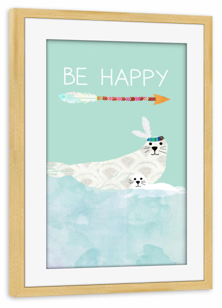 Poster mit Rahmen kiefer "Be Happy - Robbe mit Baby" artboxONE - Typografie,Für Kinder,Tiere,Schwarzweiß,Liebe,Unterwasser