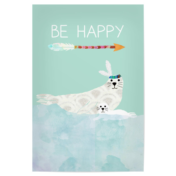 Poster 30x20 cm "Be Happy - Robbe mit Baby" artboxONE - Typografie,Für Kinder,Tiere,Schwarzweiß,Liebe,Unterwasser