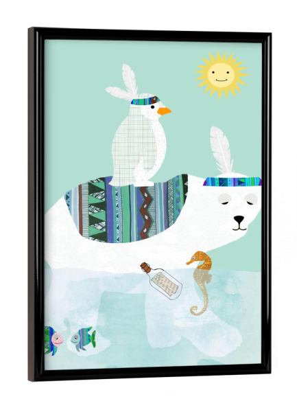 Poster mit schwarzem Rahmen "Eisbär mit Pinguin 2" artboxONE - Für Kinder,Tiere,Unterwasser,Lustig