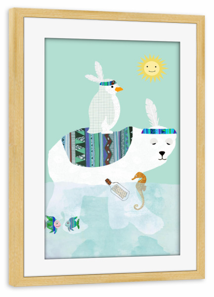 Poster mit Rahmen kiefer "Eisbär mit Pinguin 2" artboxONE - Für Kinder,Tiere,Unterwasser,Lustig