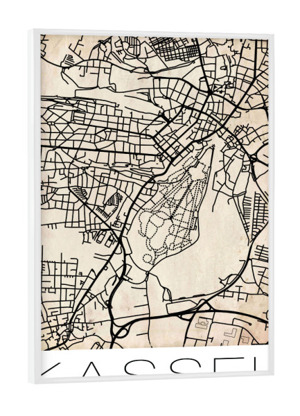 Poster mit weißem Rahmen "Retro Map of Kassel Germany Grunge" artboxONE - Städte,Reise,Schwarzweiß,Kartografie