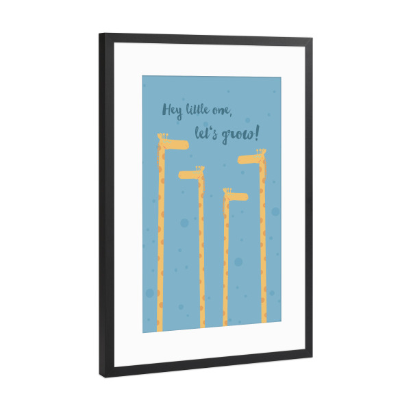 Poster mit Rahmen Schwarz (Metallic) "Growing Giraffe" artboxONE - Typografie,Für Kinder,Tiere - Giraffe,Wachstum,Zur geburt,Kinderzimmer,Kinderbett