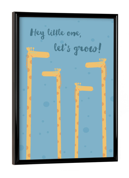 Poster mit schwarzem Rahmen "Growing Giraffe" artboxONE - Typografie,Für Kinder,Tiere - Giraffe,Wachstum,Zur geburt,Kinderzimmer,Kinderbett