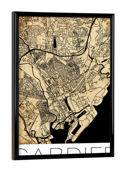 Poster mit schwarzem Rahmen "Retro Map of Cardiff Wales Sepia" artboxONE - Städte,Reise,Kartografie - Retro,Map,Cardiff,Vintate,Sepia,Wales