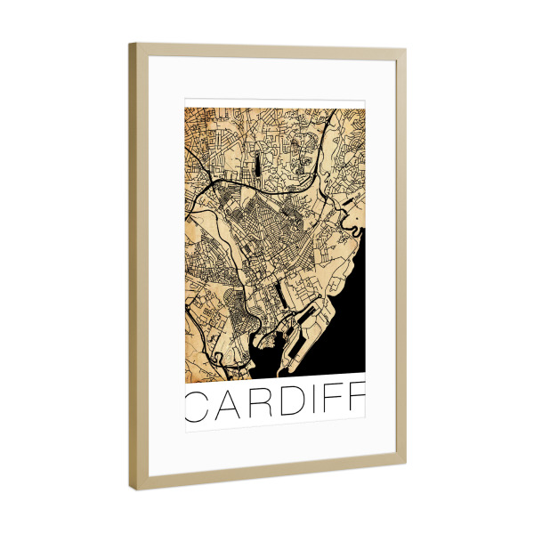 Poster mit Rahmen Gold "Retro Map of Cardiff Wales Sepia" artboxONE - Städte,Reise,Kartografie - Retro,Map,Cardiff,Vintate,Sepia,Wales