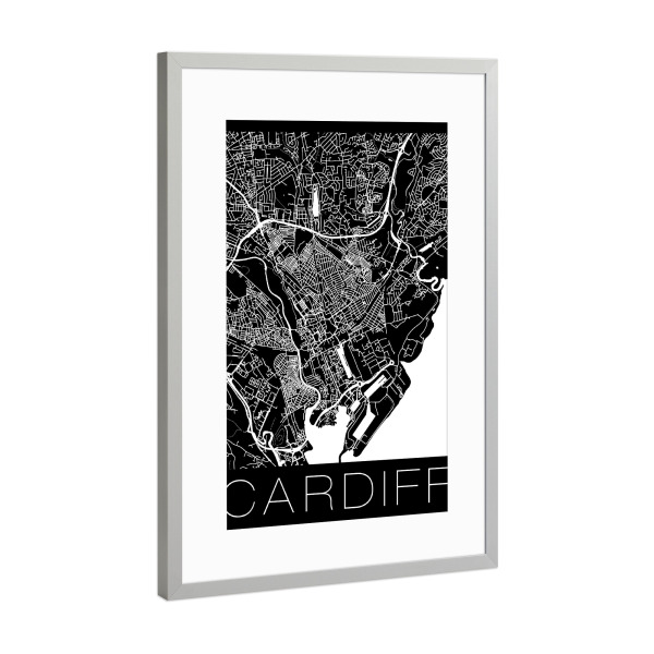 Poster mit Rahmen Silber "Retro Map of Cardiff Wales black" artboxONE - Städte,Reise,Schwarzweiß,Kartografie - Retro,Map,Cardiff,White,Black,Wales