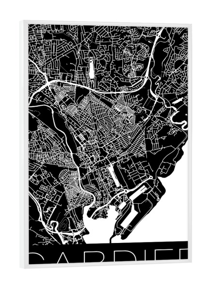 Poster mit weißem Rahmen "Retro Map of Cardiff Wales black" artboxONE - Städte,Reise,Schwarzweiß,Kartografie - Retro,Map,Cardiff,White,Black,Wales