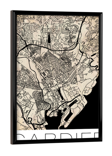 Poster mit schwarzem Rahmen "Retro Map of Cardiff Wales Vintage" artboxONE - Städte,Reise,Kartografie - Retro,Map,Cardiff,Vintage,Wales