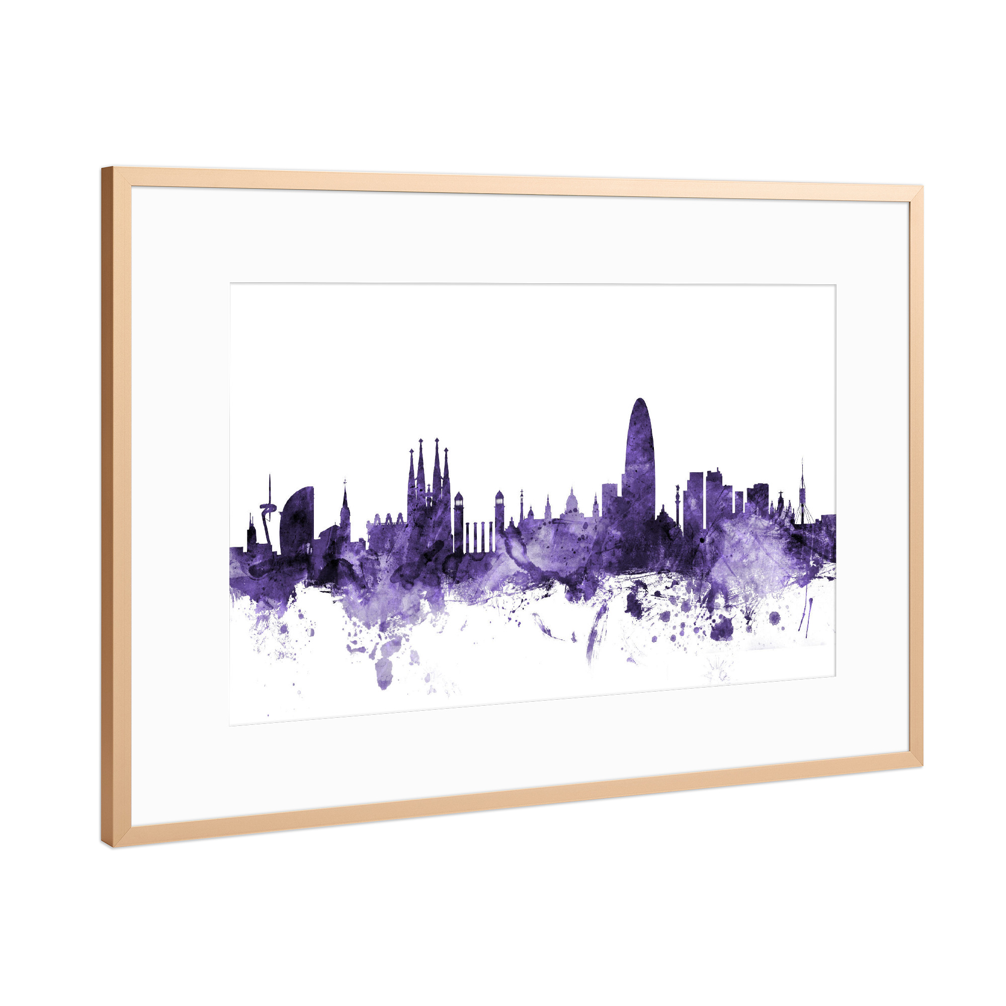 Poster mit Rahmen Kupfer "Barcelona Spain Skyline violet" artboxONE - Städte,Reise,Ultraviolet,Städte / Barcelona