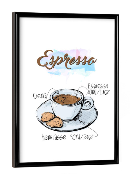 Poster mit schwarzem Rahmen "Espresso coffee" artboxONE - Essen & Trinken - Rezept,Drink,Trinken,Coffee,Bar,Zucker,Tasse,Cafe,Kuchen,Kaffee