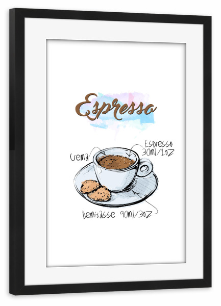 Poster mit Rahmen schwarz "Espresso coffee" artboxONE - Essen & Trinken - Rezept,Drink,Trinken,Coffee,Bar,Zucker,Tasse,Cafe,Kuchen,Kaffee