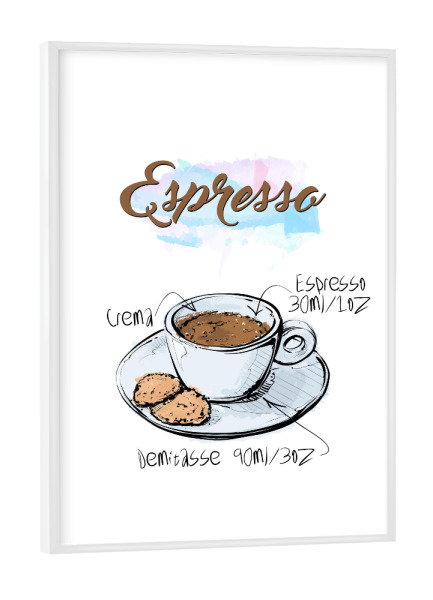 Poster mit weißem Rahmen "Espresso coffee" artboxONE - Essen & Trinken - Rezept,Drink,Trinken,Coffee,Bar,Zucker,Tasse,Cafe,Kuchen,Kaffee