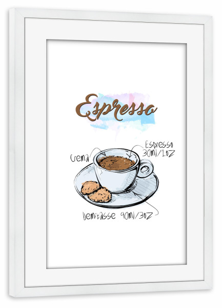 Poster mit Rahmen weiß "Espresso coffee" artboxONE - Essen & Trinken - Rezept,Drink,Trinken,Coffee,Bar,Zucker,Tasse,Cafe,Kuchen,Kaffee