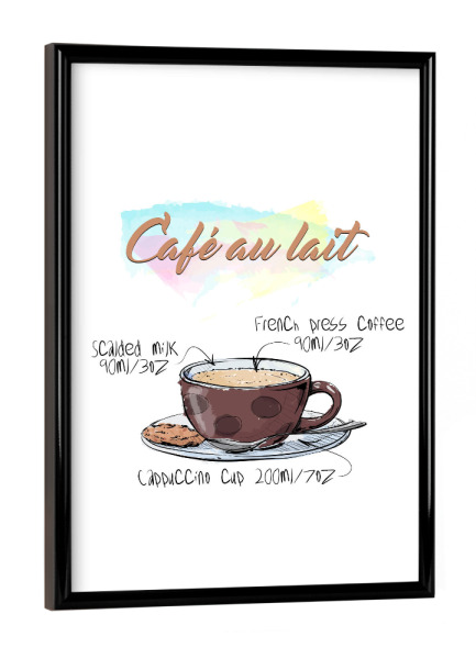 Poster mit schwarzem Rahmen "Café au Lait" artboxONE - Essen & Trinken - Rezept,Drink,Trinken,Coffee,Bar,Zucker,Tasse,Cafe,Kaffee