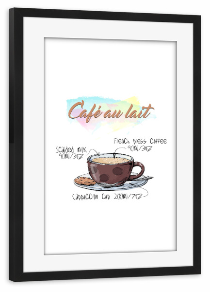 Poster mit Rahmen schwarz "Café au Lait" artboxONE - Essen & Trinken - Rezept,Drink,Trinken,Coffee,Bar,Zucker,Tasse,Cafe,Kaffee