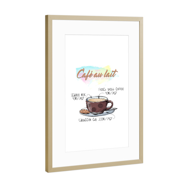Poster mit Rahmen Gold "Café au Lait" artboxONE - Essen & Trinken - Rezept,Drink,Trinken,Coffee,Bar,Zucker,Tasse,Cafe,Kaffee